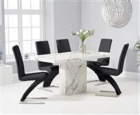 Belle 160cm Marble White Dining Table with 6 Black Aldo Chairs