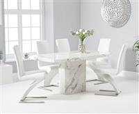 Belle 160cm Marble White Dining Table with 6 White Aldo Chairs