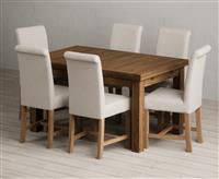Extending Buxton 140cm Rustic Solid Oak Dining Table with 6 Brown Scroll Back Chairs