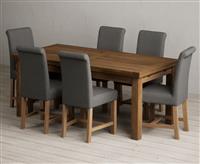 Extending Buxton 180cm Rustic Solid Oak Dining Table with 6 Grey Scroll Back Chairs