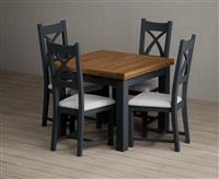 Extending Buxton 90cm Oak and Dark Blue Painted Dining Table with 6 Light Grey Painted Chairs