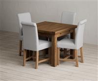Extending Buxton 90cm Rustic Solid Oak Dining Table with 4 Blue Scroll Back Chairs
