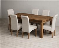 Extending Buxton 180cm Rustic Solid Oak Dining Table with 6 Blue Scroll Back Chairs