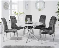 Carter 120cm Round White Marble Table With 6 Grey Enzo Velvet Chairs