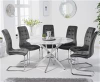 Carter 120cm Round White Marble Table With 6 Grey Vigo Velvet Chairs