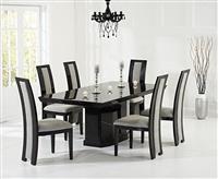Carvelle 160cm Black Pedestal Marble Dining Table with 4 Brown Novara Chairs