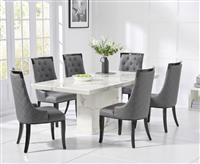 Carvelle 160cm White Pedestal Marble Dining Table with 4 Grey Francesca Chairs