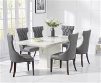 Carvelle 160cm White Pedestal Marble Dining Table with 6 Cream Sophia Chairs