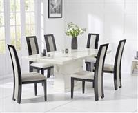 Carvelle 200cm White Pedestal Marble Dining Table with 6 Brown Novara Chairs