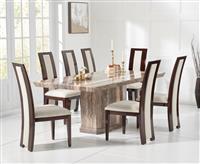 Carvelle 200cm Brown Pedestal Marble Dining Table with 8 Brown Novara Chairs