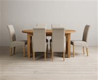 Extending Caversham Oak Oval Dining Table with 6 Blue Scroll Back Chairs