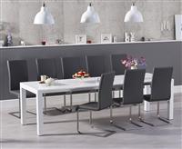 Extending Cleveland White High Gloss Dining Table with 8 Grey Austin Chairs