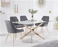 Denver 160cm Rectangular Gold Leg Glass Dining Table With 8 Blue Lola Velvet Chairs