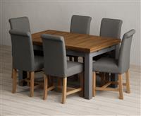 Extending Buxton 140cm Oak and Charcoal Grey Painted Dining Table with 8 Blue Scroll Back Chairs