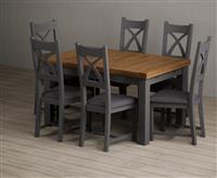 Extending Buxton 140cm Oak and Charcoal Grey Painted Dining Table with 8 Linen Painted Chairs