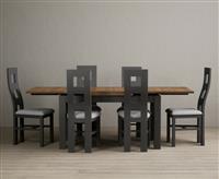 Extending Buxton 140cm Oak and Charcoal Grey Painted Dining Table with 8 Rustic Oak Painted Chairs