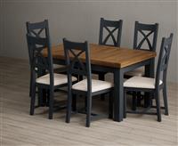 Extending Buxton 140cm Oak and Dark Blue Painted Dining Table with 6 Blue Painted Chairs