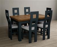Extending Buxton 140cm Oak and Dark Blue Painted Dining Table with 6 Brown Painted Chairs