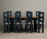 Extending Buxton 140cm Oak and Dark Blue Painted Dining Table with 6 Rustic Oak Painted Chairs