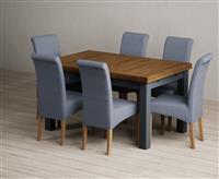 Extending Buxton 140cm Oak and Dark Blue Painted Dining Table with 6 Charcoal Grey Scroll Back Chairs