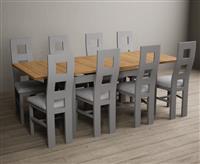 Extending Buxton 140cm Oak and Light Grey Painted Dining Table with 8 Charcoal Grey Painted Chairs