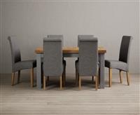 Extending Buxton 140cm Oak and Light Grey Painted Dining Table with 6 Blue Scroll Back Chairs