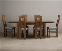 Extending Buxton 140cm Rustic Solid Oak Dining Table with 6 Linen Rustic Solid Oak Chairs