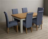 Extending Buxton 140cm Oak and Soft White Painted Dining Table with 6 Blue Scroll Back Chairs