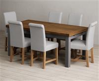 Extending Buxton 180cm Oak and Charcoal Grey Painted Dining Table with 8 Blue Scroll Back Chairs