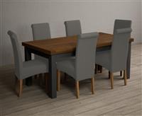 Extending Buxton 180cm Oak and Charcoal Grey Painted Dining Table with 10 Blue Scroll Back Chairs