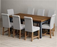 Extending Buxton 180cm Oak and Dark Blue Painted Dining Table with 8 Grey Scroll Back Chairs