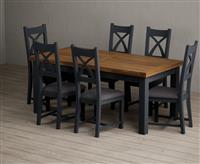 Extending Buxton 180cm Oak and Dark Blue Painted Dining Table with 6 Blue Painted Chairs