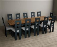 Extending Buxton 180cm Oak and Dark Blue Painted Dining Table with 8 Charcoal Grey Painted Chairs