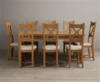 Extending Buxton 180cm Solid Oak Dining Table with 6 Linen Natural Solid Oak Chairs