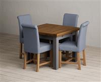 Extending Buxton 90cm Oak and Charcoal Grey Painted Dining Table with 6 Blue Scroll Back Chairs
