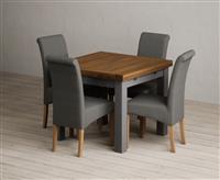 Extending Buxton 90cm Oak and Charcoal Grey Painted Dining Table with 6 Blue Scroll Back Chairs