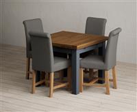 Extending Buxton 90cm Oak and Dark Blue Painted Dining Table with 6 Grey Scroll Back Chairs