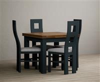 Extending Buxton 90cm Oak and Dark Blue Painted Dining Table with 6 Charcoal Grey Painted Chairs