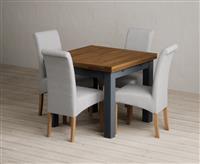 Extending Buxton 90cm Oak and Dark Blue Painted Dining Table with 6 Natural Scroll Back Chairs