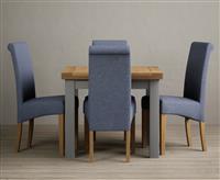 Extending Buxton 90cm Oak and Light Grey Painted Dining Table with 6 Blue Scroll Back Chairs
