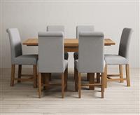 Extending Buxton 90cm Solid Oak Dining Table with 6 Blue Scroll Back Chairs
