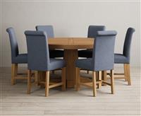 Helmsley 150cm Round Oak Dining Table with 4 Blue Scroll Back Chairs
