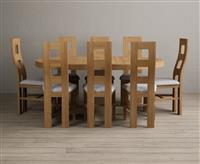 Extending Helmsley Oak and Cream Painted Pedestal Dining Table with 6 Blue Natural Chairs