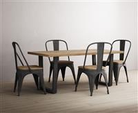 Herringbone 190cm Solid Oak and Metal Dining Table with 4 Oak Herringbone Chairs