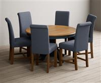 Hertford 120cm Fixed Top Oak and Dark Blue Painted Dining Table with 6 Natural Scroll Back Chairs