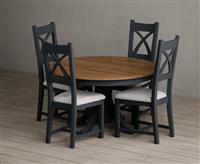 Hertford 120cm Fixed Top Oak and Dark Blue Painted Dining Table with 6 Charcoal Grey Painted Chairs