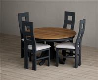 Hertford 120cm Fixed Top Oak and Dark Blue Painted Dining Table with 6 Brown Painted Chairs