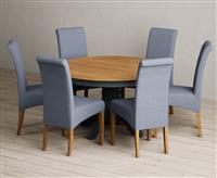 Hertford 120cm Fixed Top Oak and Dark Blue Painted Dining Table with 6 Natural Scroll Back Chairs