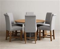 Hertford 120cm Fixed Top Oak and Light Grey Painted Dining Table with 6 Natural Scroll Back Chairs