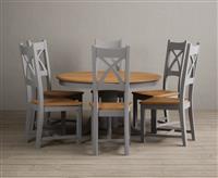 Hertford 120cm Fixed Top Oak and Light Grey Painted Dining Table with 6 Brown Natural Solid Oak Chairs